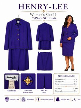 Vintage Henry Lee Purple Skirt Suit Set Size 14 USA Made Wool Blend 80s 90s